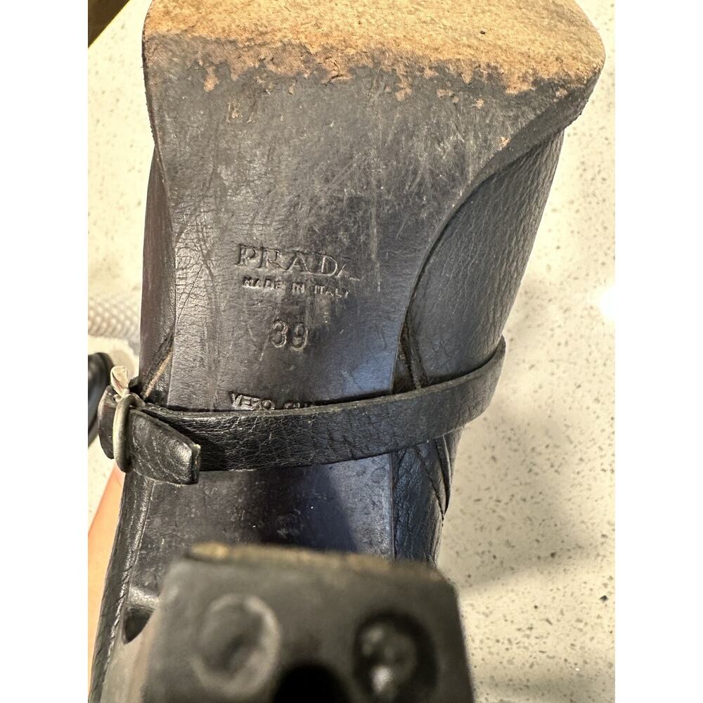 Vintage Prada Black Leather Pebbled 4” Heel Silver Buckle Straps Boots 39 8 Sexy - Picture 14 of 15